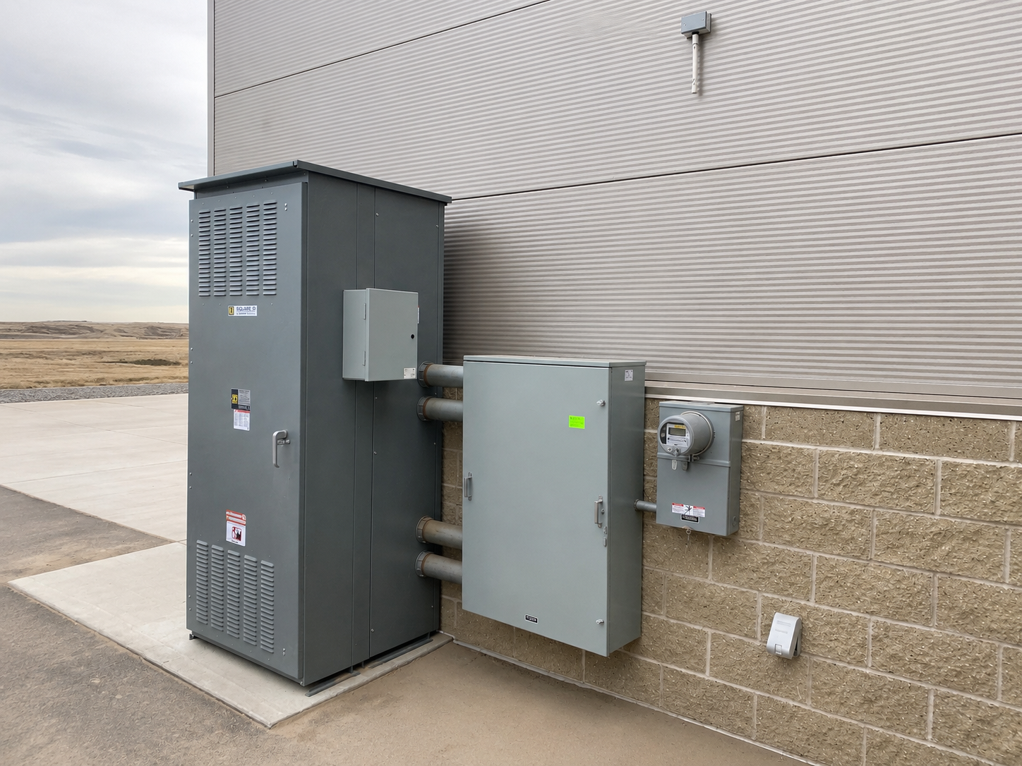 Exterior electrical service equipment designed for a commercial facility